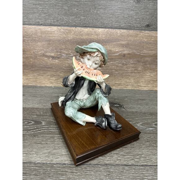 Vintage Giuseppe Armani Capodimonte Boy Eating Watermelon 8” Figurine Wood Base